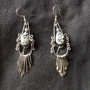 Bohemian Silver & Gray Jasper Teardrop Earrings with Fringe